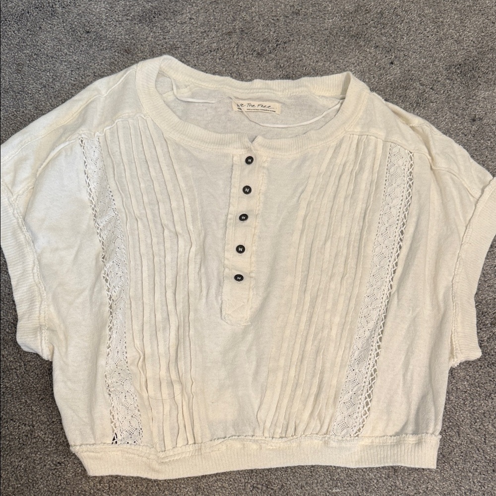 We The Free Cream Lace-Trim Button Front Cropped Blouse